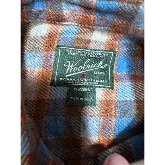 Woolrich Plaid Button-Up Flannel Shirt Brown/Bluebell Wool/Acrylic womens size l - Picture 6 of 6